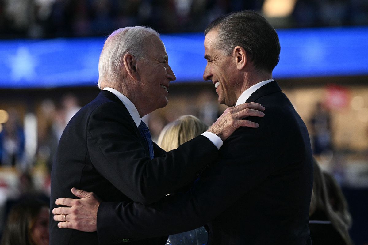 President Joe Biden and his son Hunter Biden on stage at the conclusion of the first day of the Democratic National Convention in Chicago, Aug. 19, 2024. (Brendan Smialowski/AFP via Getty Images)