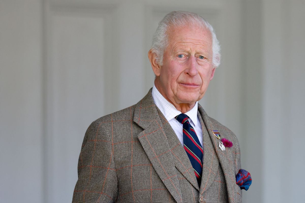 King Charles III (wearing a Royal Marines tie) attends The Braemar Gathering 2024 at The Princess Royal and Duke of Fife Memorial Park on September 7, 2024 in Braemar, Scotland. (Max Mumby/Indigo/Getty Images)