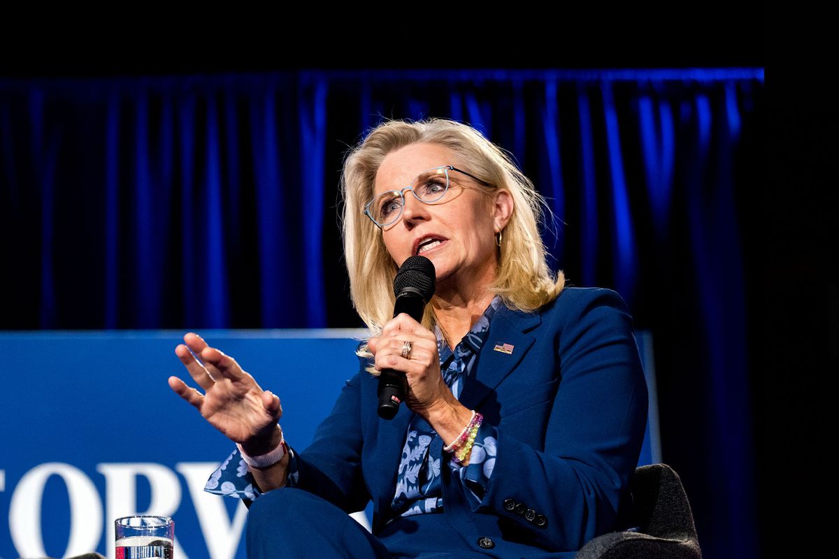 Vice President Kamala Harris, the Democratic presidential nominee, left, listens as Liz Cheney speaks on stage at Royal Oak Music Theatre in Royal Oak, Michigan on October 21, 2024. (Nic Antaya for The Washington Post via Getty Images)