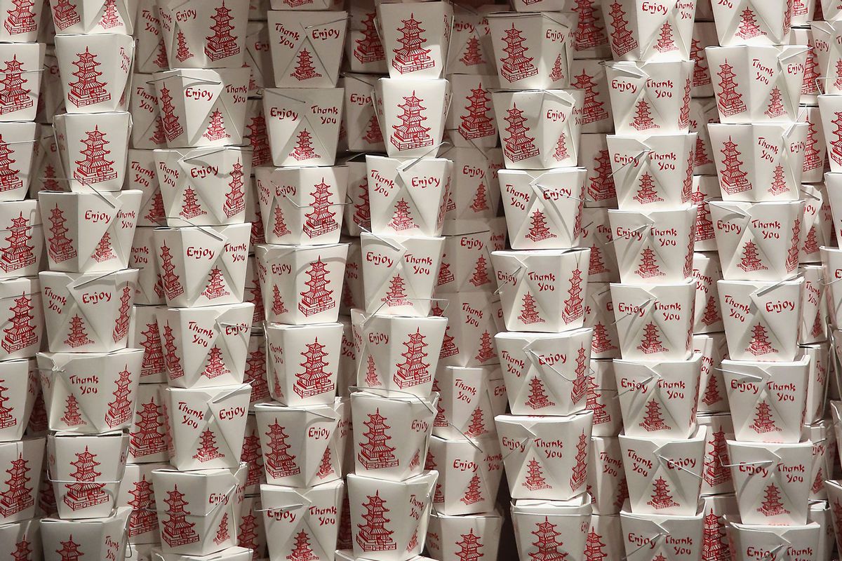 The wall of paper take-out containers at the Museum of Food and Drink (MOFAD) in New York. (Monica Schipper/Getty Images for Cooking Light)
