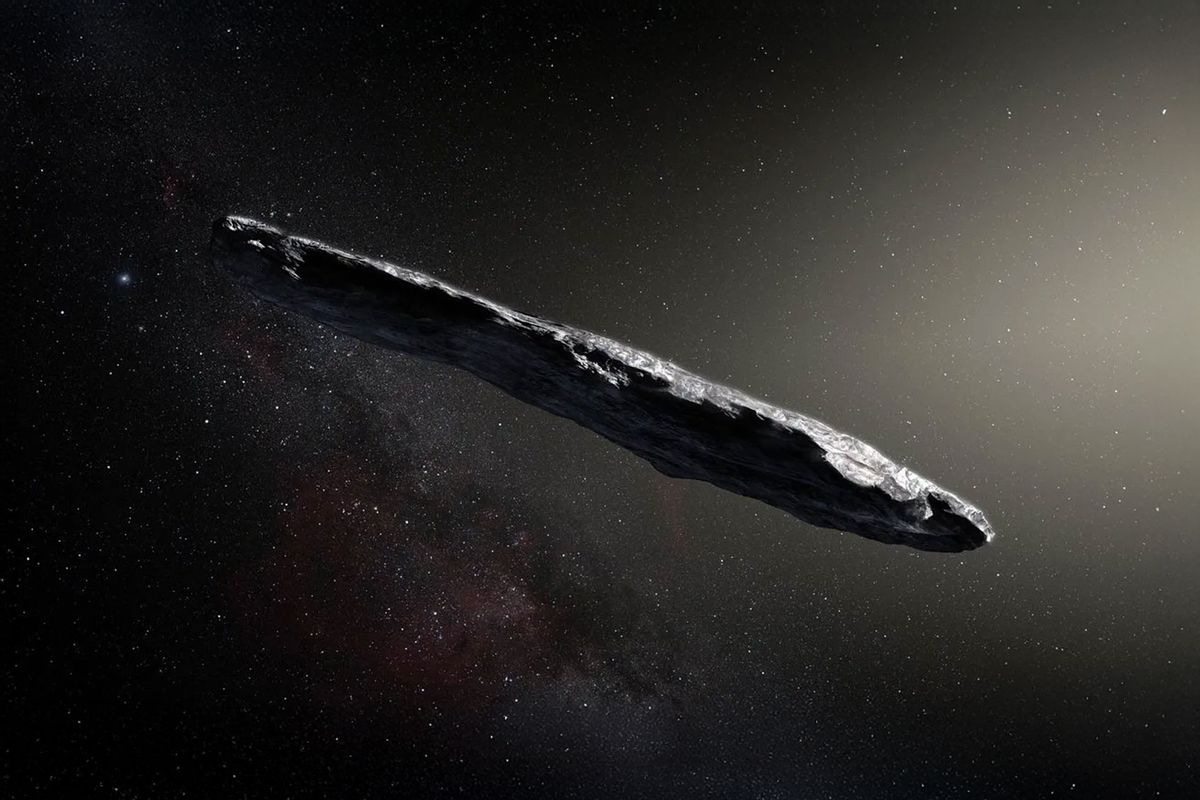 This artist’s concept shows interstellar object 1I/2017 U1 (‘Oumuamua) after its discovery in 2017. (NASA European Southern Observatory/M. Kornmesser)