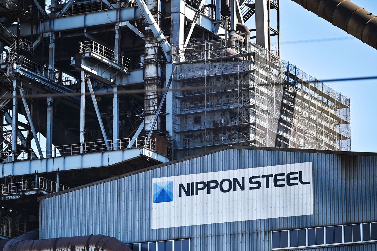 Signage on the exterior of a blast furnace building during a media tour by Japanese company Nippon Steel at their East Nippon Works Kashima Area facility in Kashima, Ibaraki prefecture, north of Tokyo on December 6, 2024. (RICHARD A. BROOKS/AFP via Getty Images)