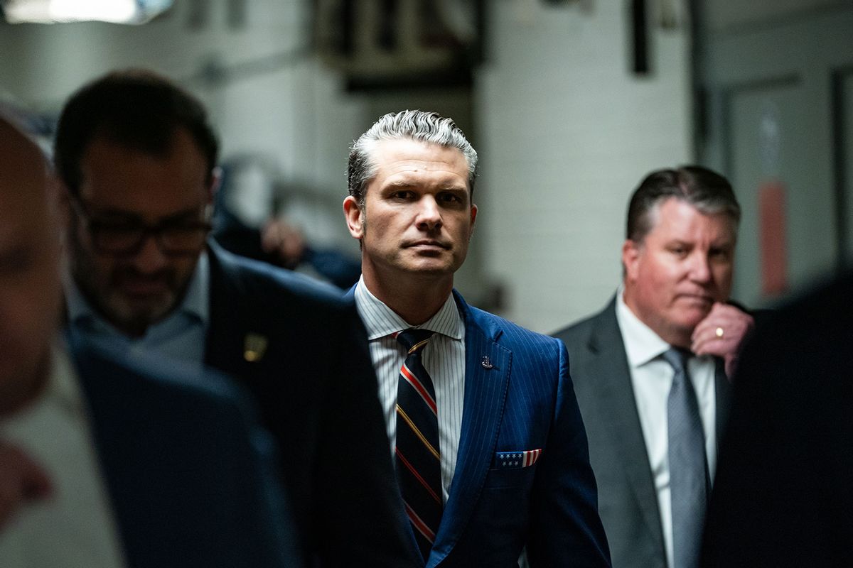 Secretary of Defense nominee Pete Hegseth leaves a meeting with Republican Senators at the Capitol in Washington, DC, on November 21, 2024. (Allison Robbert for The Washington Post via Getty Images)