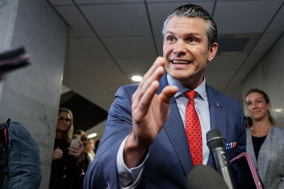 U.S. President-elect Donald Trump's nominee to be Secretary of Defense Pete Hegseth speaks to reporters after meeting with lawmakers on Capitol Hill on December 5, 2024 in Washington, DC. (Samuel Corum/Getty Images)