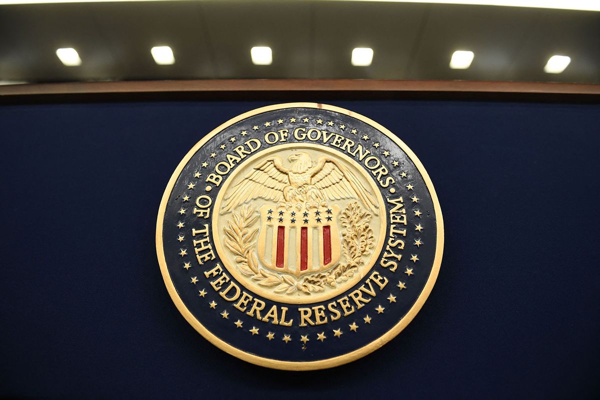 The seal of the Board of Governors of the Federal Reserve System, in Washington, DC. (OLIVIER DOULIERY/AFP via Getty Images)