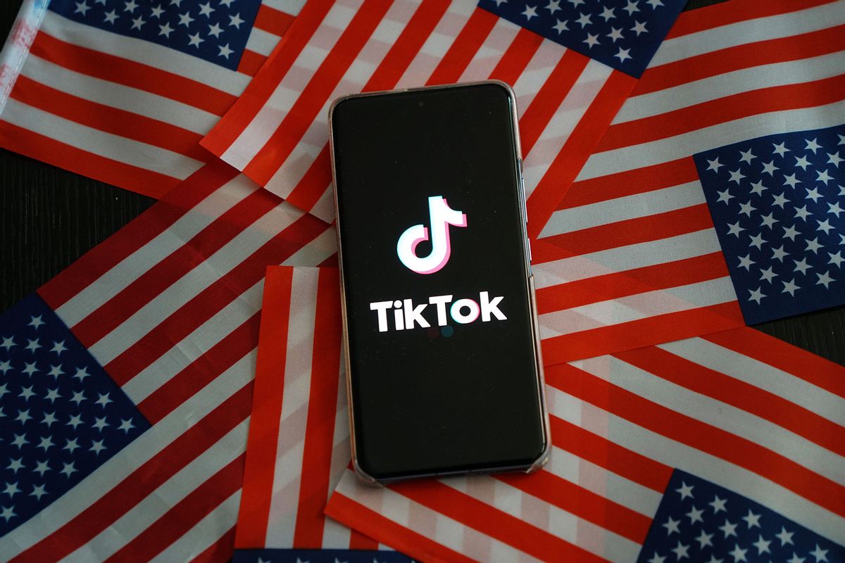 TikTok logo on a phone screen and American flags (CFOTO/Future Publishing via Getty Images)