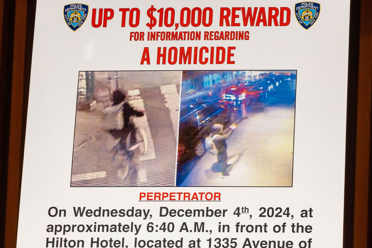 A wanted poster is set up for an NYPD press conference regarding a homicide that authorities believe was a targeted attack at One Police Plaza on December 4, 2024, in New York City. (Alex Kent/Getty Images)
