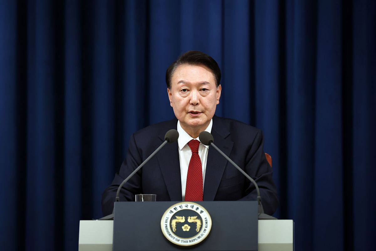 In this handout image provided by South Korean Presidential Office, South Korean President Yoon Suk-Yeol speaks during the declaration of emergency martial law at the Presidential Office on December 03, 2024 in Seoul, South Korea. (South Korean Presidential Office via Getty Images)