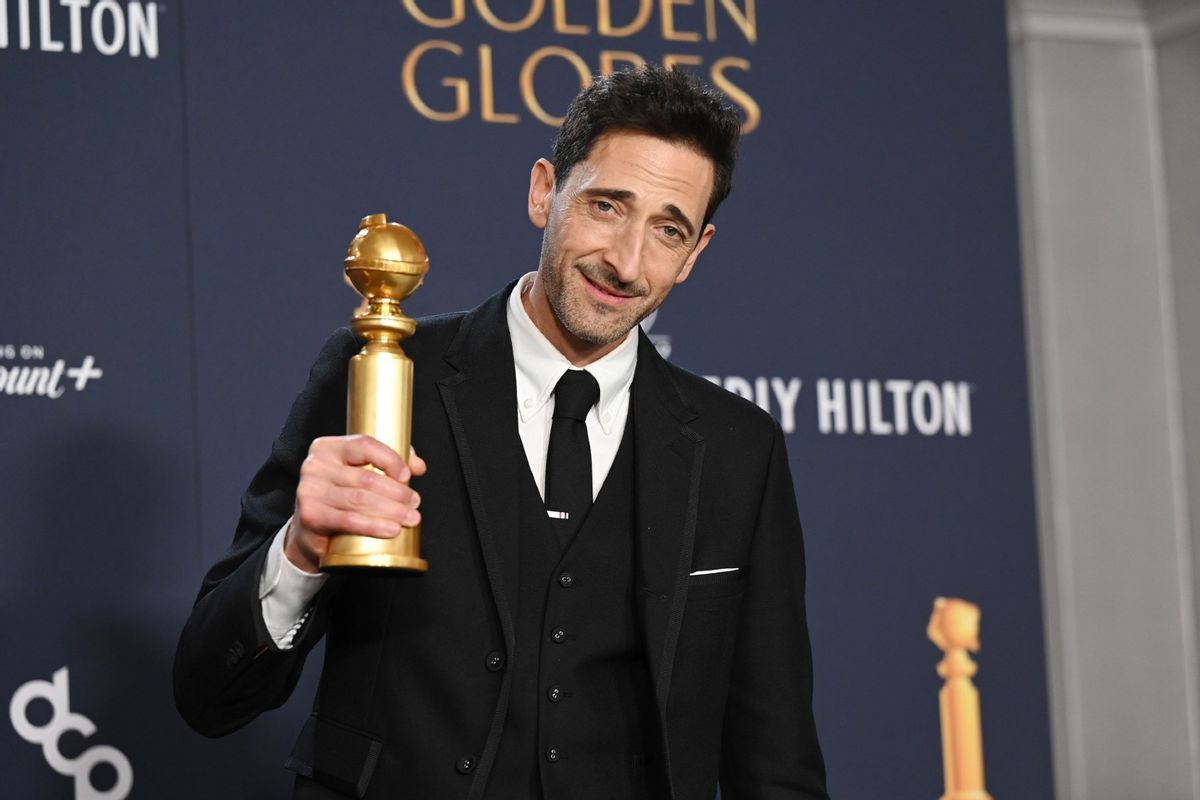 Adrien Brody wins Best Performance by a Male Actor in a Motion Picture Drama award for "The Brutalist" during the 82nd Annual Golden Globes held at The Beverly Hilton on January 05, 2025 in Beverly Hills, California. (Gilbert Flores/GG2025/Penske Media via Getty Images)