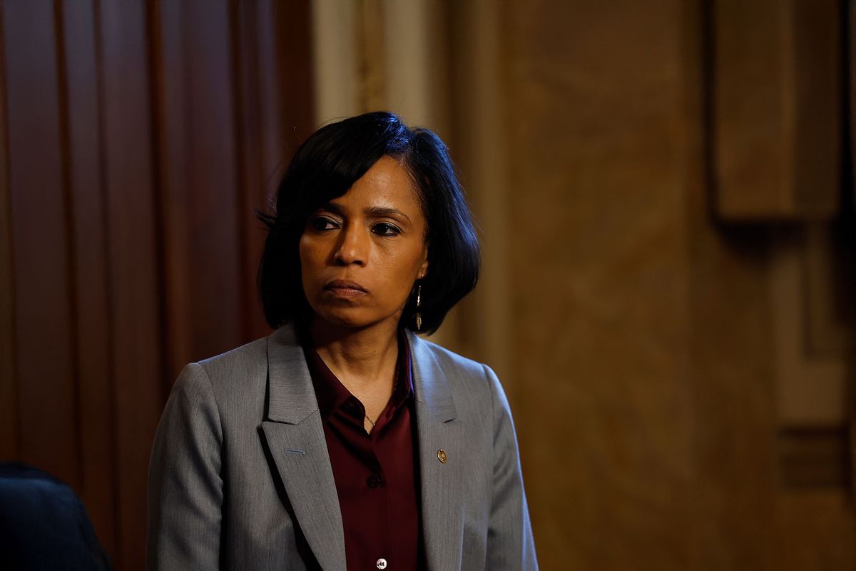 U.S. Sen. Angela Alsobrooks (D-MD) speaks during a news conference on drug price negotiations with Medicare at the U.S. Capitol on January 22, 2025, in Washington, DC. (Anna Moneymaker/Getty Images)