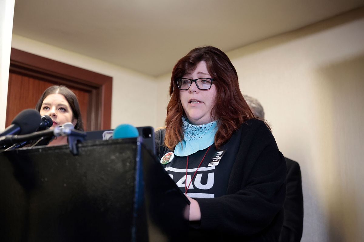 Anti-abortion activist Lauren Handy speaks at a news conference on the five fetuses found inside the home where she and other anti-abortion activists were living on Capitol Hill, at a news conference at the Hyatt Regency on April 05, 2022 in Washington, DC. (Anna Moneymaker/Getty Images)