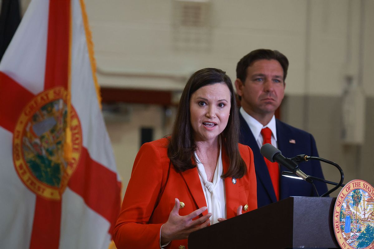 Florida Gov. Ron DeSantis listens as Florida Attorney General Ashley Moody speaks during a press conference regarding an apparent assassination attempt of former President Donald Trump on September 17, 2024 in West Palm Beach, Florida. (Joe Raedle/Getty Images)