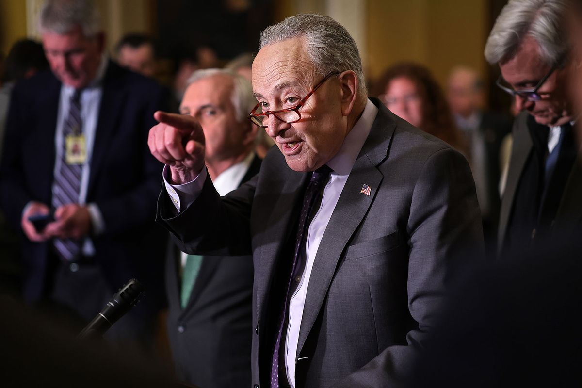 Senate Minority Leader Charles Schumer (D-NY) calls on reporters following the weekly Senate Democrat caucus policy luncheon at the U.S. Capitol on January 14, 2025 in Washington, DC. (Chip Somodevilla/Getty Images)