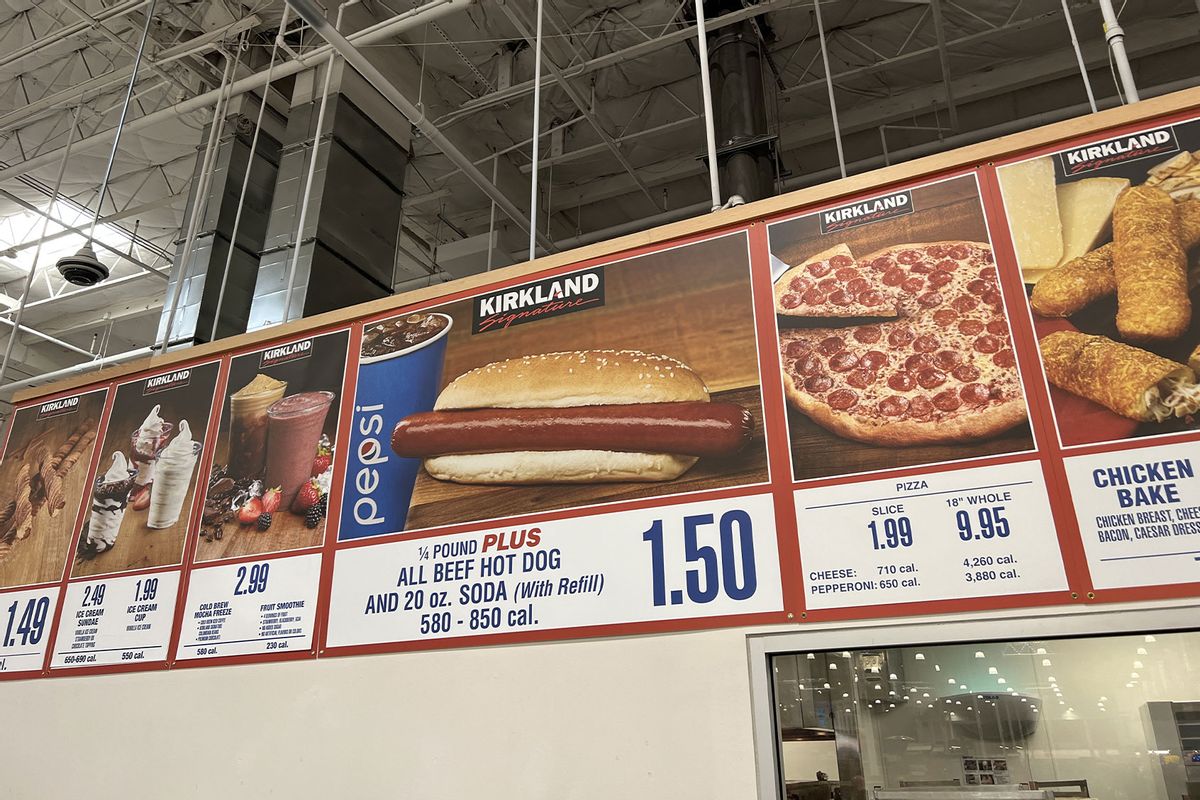 Close-up of signs listing prices at Costco food court, including the price for Costco's hot dog and fountain soda combination, Danville, California, July 3, 2022. (Smith Collection/Gado/Getty Images)