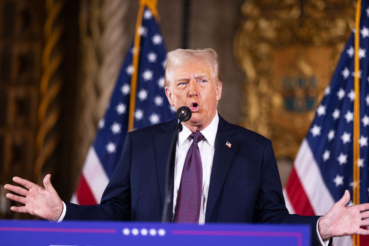 U.S. President-elect Donald Trump speaks to members of the media during a press conference at the Mar-a-Lago Club on January 07, 2025 in Palm Beach, Florida. (Scott Olson/Getty Images)