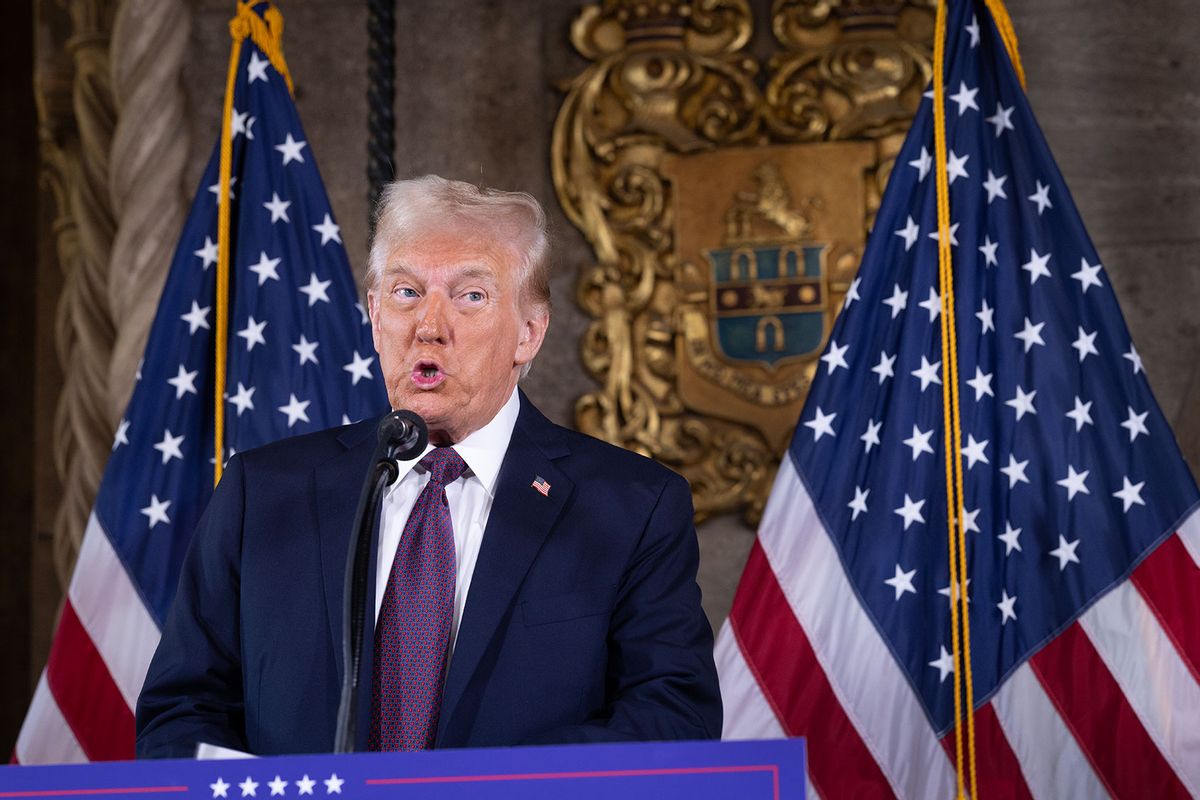 U.S. President-elect Donald Trump speaks to members of the media during a press conference at the Mar-a-Lago Club on January 07, 2025 in Palm Beach, Florida. (Scott Olson/Getty Images)