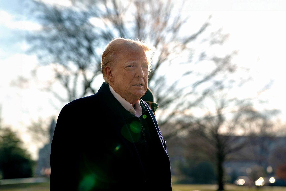 U.S. President Donald Trump speaks to members of the press as he and first lady Melania Trump prepare to depart the White House aboard Marine One on January 24, 2025 in Washington, DC. (Kent Nishimura/Getty Images)