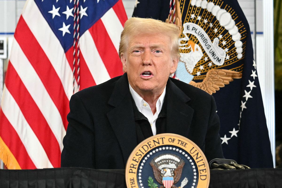 US President Donald Trump speaks at a Hurricane Helene recovery briefing in a hangar at the Asheville Regional Airport in Fletcher, North Carolina, on January 24, 2025. (MANDEL NGAN/AFP via Getty Images)