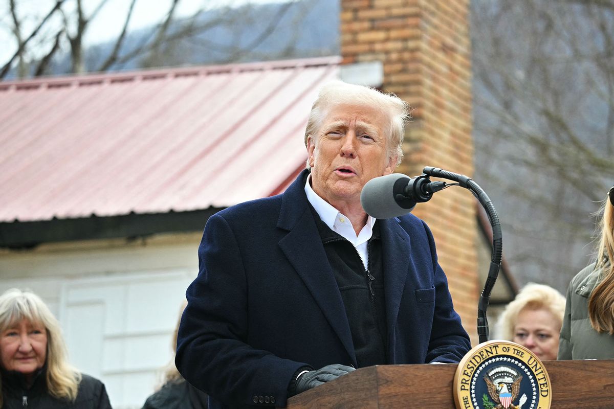 US President Donald Trump speaks while visiting a neighborhood affected by Hurricane Helene in Swannanoa, North Carolina, on January 24, 2025. (MANDEL NGAN/AFP via Getty Images)