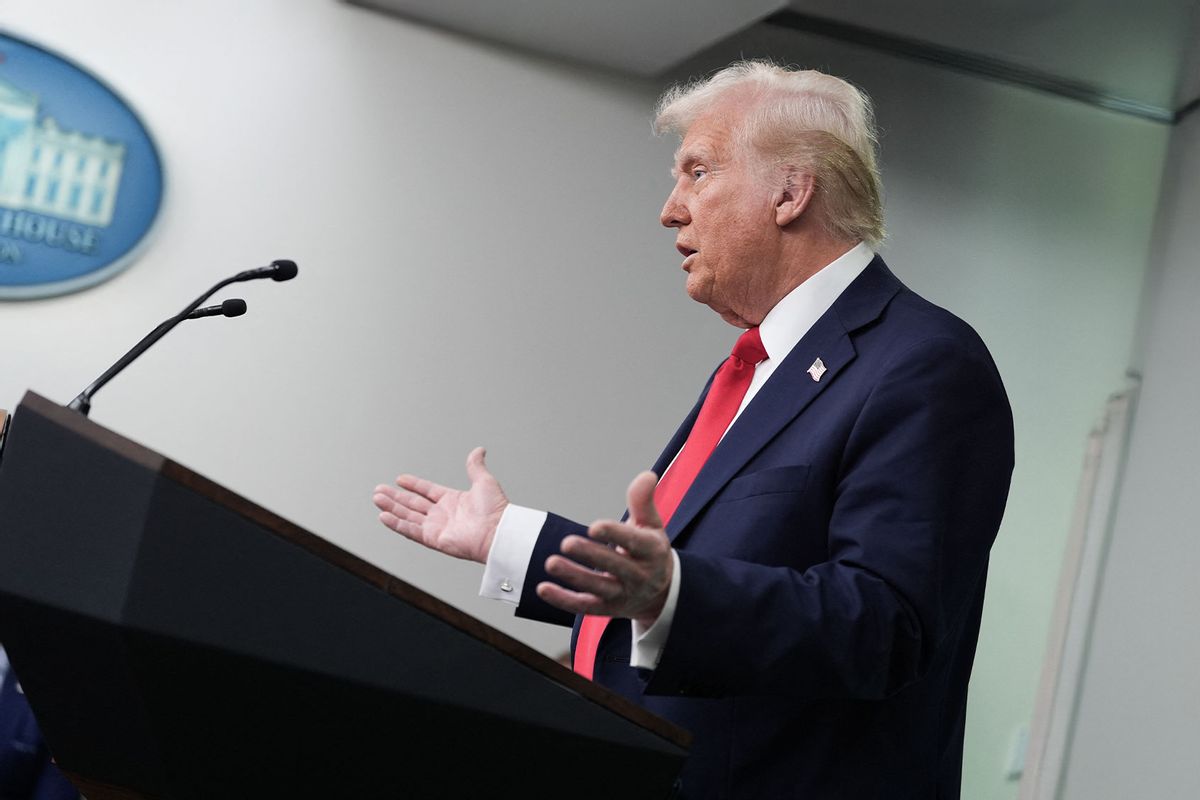 US President Donald Trump speaks about the mid-air crash between American Airlines flight 5342 and a military helicopter in Washington, in the Brady Press Briefing Room at the White House on January 30, 2025 in Washington, DC. (OLIVER CONTRERAS/AFP via Getty Images)