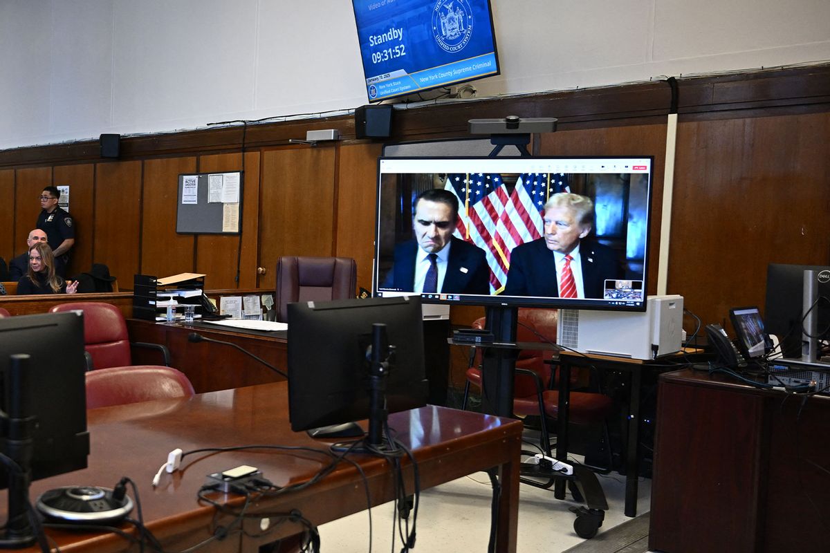 US President-elect Donald Trump appears remotely for a sentencing hearing in front of New York State Judge Juan Merchan in the criminal case in which he was convicted in 2024 on charges involving hush money paid to a porn star, at New York Criminal Court in Manhattan in New York City, on January 10, 2025. (ANGELA WEISS/POOL/AFP via Getty Images)