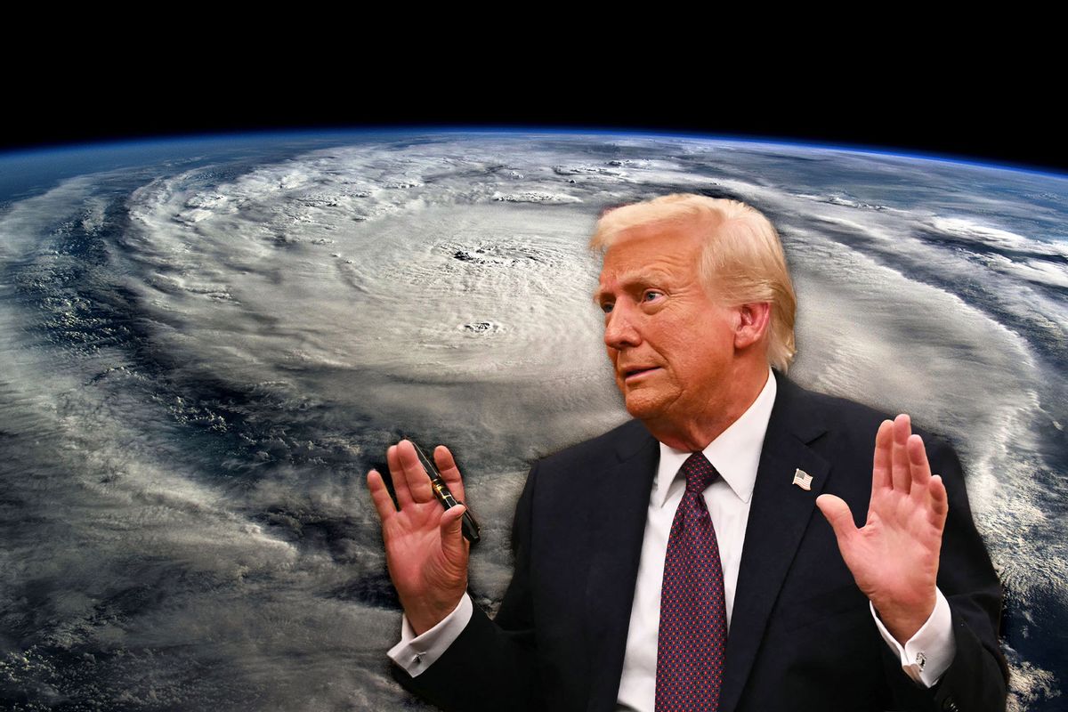 Donald Trump over a satellite photo of Hurricane Milton (Photo illustration by Salon/Getty Images)