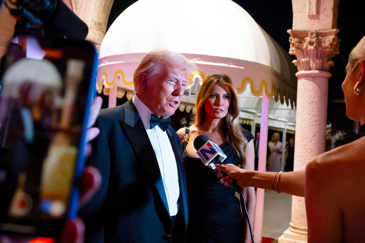 U.S. President-elect Donald Trump and his wife Melania Trump arrive on New Year's Eve at his Mar-A-Lago Club on December 31, 2024 in Palm Beach, Florida. (Eva Marie Uzcategui/Getty Images)