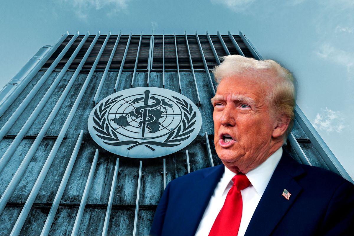 Donald Trump and the headquarters of the World Health Organization (WHO). (Photo illustration by Salon/Getty Images)