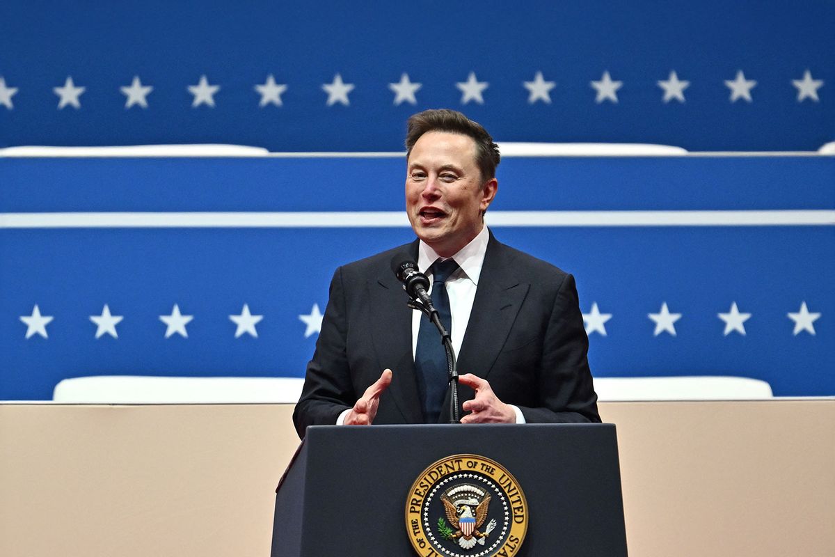 Tesla and SpaceX CEO Elon Musk gestures as he speaks during the inaugural parade inside Capital One Arena, in Washington, DC, on January 20, 2025. (ANGELA WEISS/AFP via Getty Images)