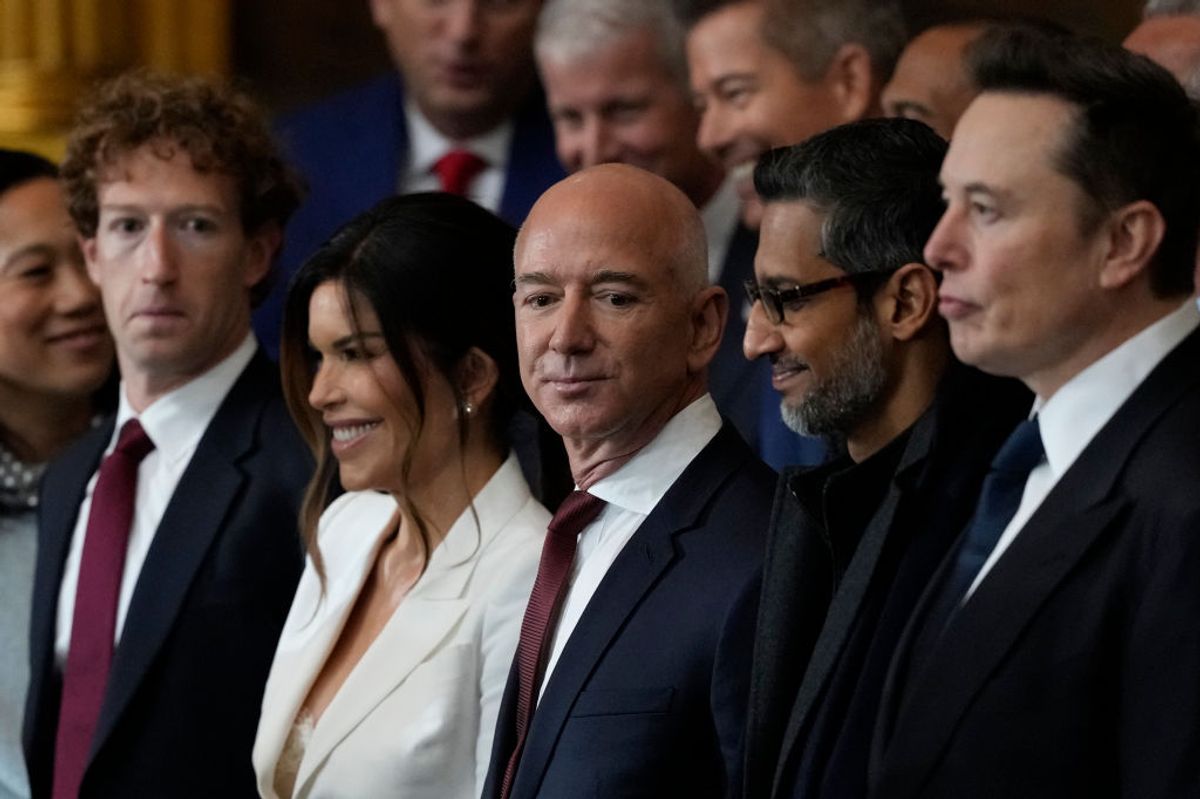 Mark Zuckerberg, Jeff Bezos, Sundar Pichai and Elon Musk attend the inauguration of Donald Trump in the U.S. Capitol Rotunda on Jan. 20, 2025. (Photo by Julia Demaree Nikhinson - Pool/Getty Images) ((Photo by Julia Demaree Nikhinson - Pool/Getty Images))