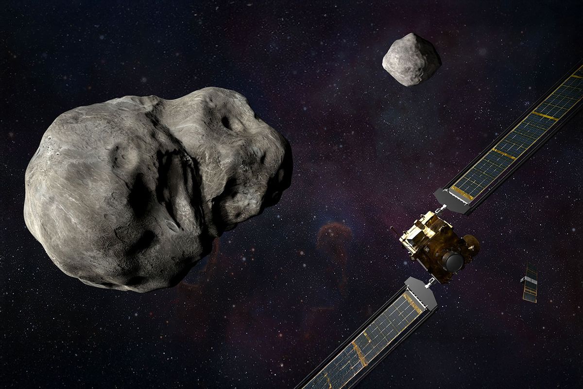 Illustration of NASA’s Double Asteroid Redirection Test (DART) spacecraft and the Italian Space Agency’s (ASI) LICIACube prior to impact at the Didymos binary system. (Courtesy of NASA)