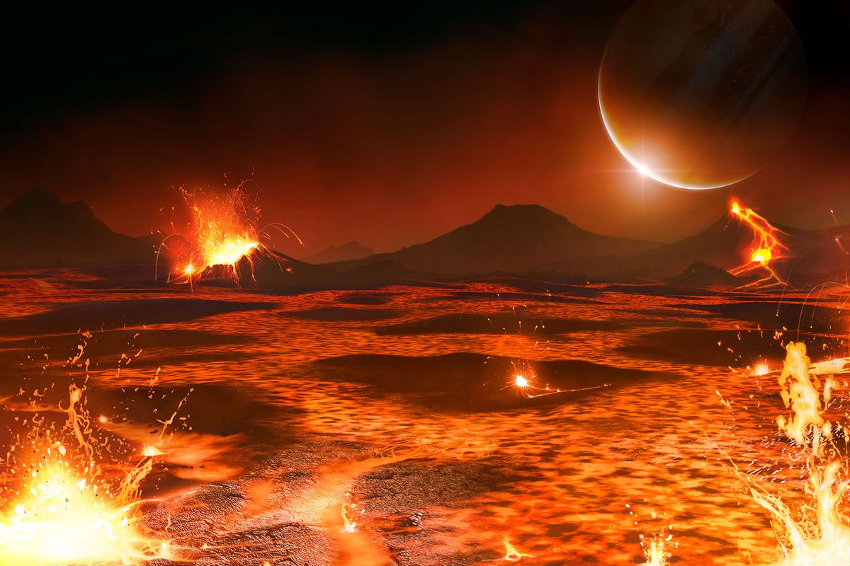 Jupiter seen from the surface of volcanic moon Io. (Getty Images/MARK GARLICK/SCIENCE PHOTO LIBRARY)