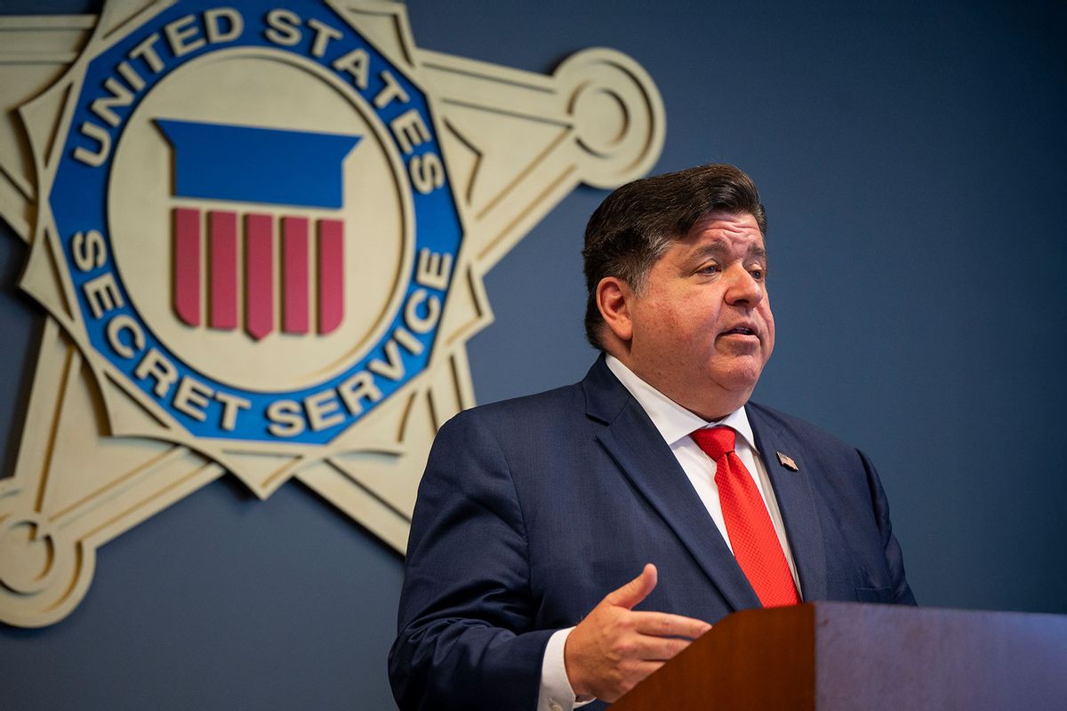 Illinois Governor JB Pritzker speaks during a 2024 United States Secret Service Democratic National Convention security briefing on July 25, 2024 in Chicago, Illinois. (Vincent Alban/Getty Images)