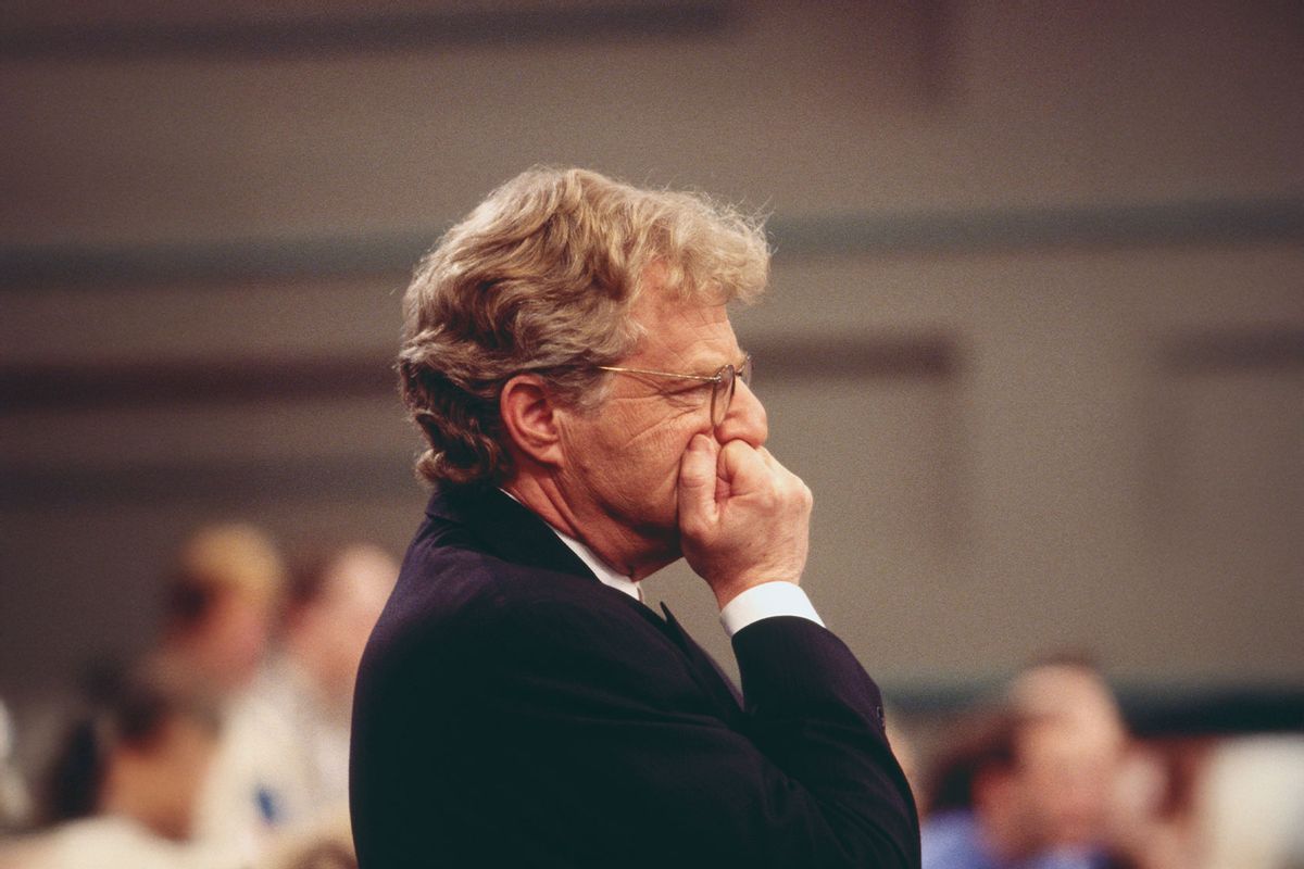 Talk show host Jerry Springer pauses to listen to his guests and audience on the set during the taping of The Jerry Springer Show. (Ralf-Finn Hestoft/CORBIS/Corbis via Getty Images)