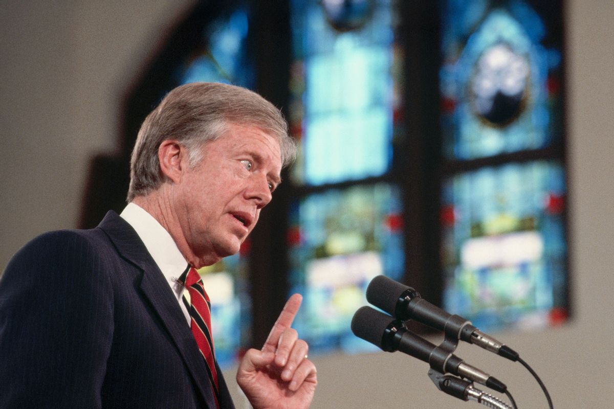 President Jimmy Carter makes a point during a speech to the congregation of a church. (Wally McNamee/CORBIS/Corbis via Getty Images)