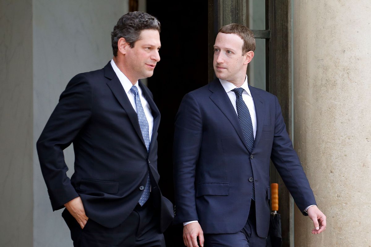 Facebook vice president of global public policy Joel Kaplan and Facebook CEO Mark Zuckerberg leave the Elysee Presidential Palace after a meeting with French President Emmanuel Macron on May 23, 2018 in Paris, France. (Chesnot/Getty Images)