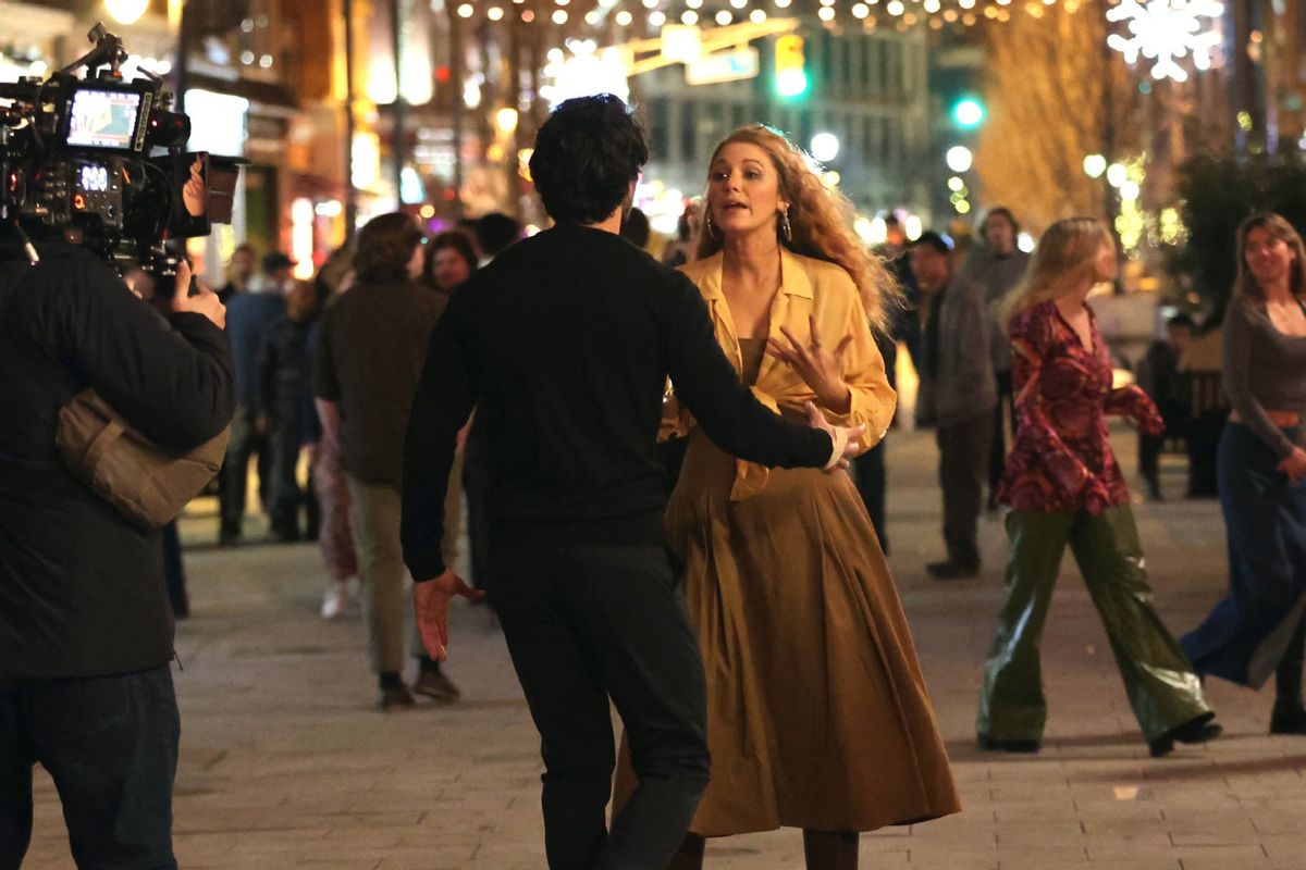 Justin Baldoni and Blake Lively are seen on the set of 'It Ends with Us' on January 12, 2024 in Jersey City, New Jersey.  (Jose Perez/Bauer-Griffin/GC Images)