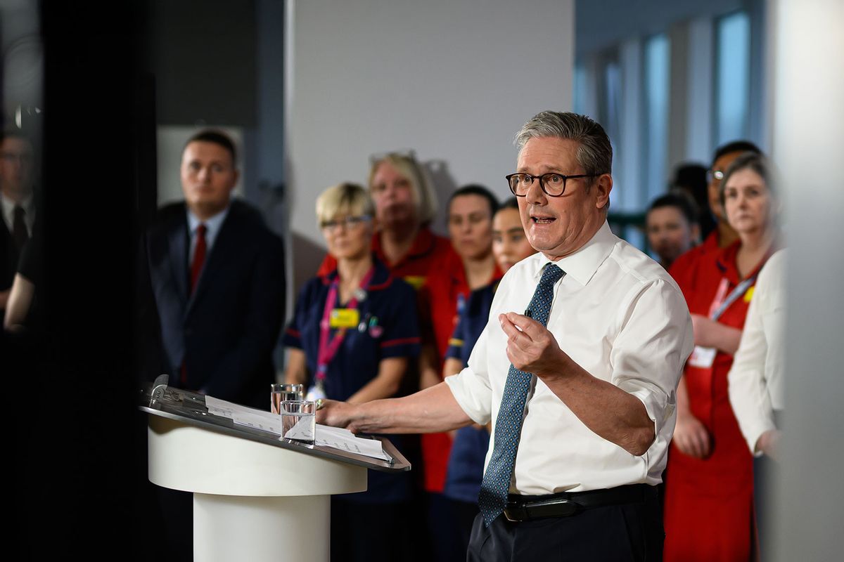 UK Prime Minister Keir Starmer answers questions from the media during a visit to the Elective Orthopaedic Centre at Epsom Hospital on January 06, 2025 in Epsom, England. (Leon Neal/Getty Images)