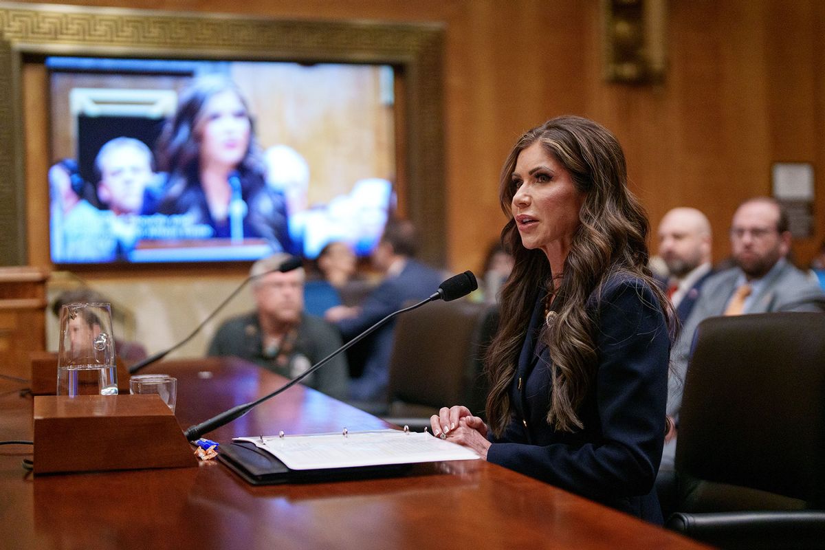 South Dakota Gov. Kristi Noem, President-elect Donald Trump’s nominee for Secretary of the Department of Homeland Security, speaks during her confirmation hearing before the Homeland Security and Governmental Affairs Committee on Capitol Hill on January 17, 2025 in Washington, DC. (Eric Thayer/Getty Images)