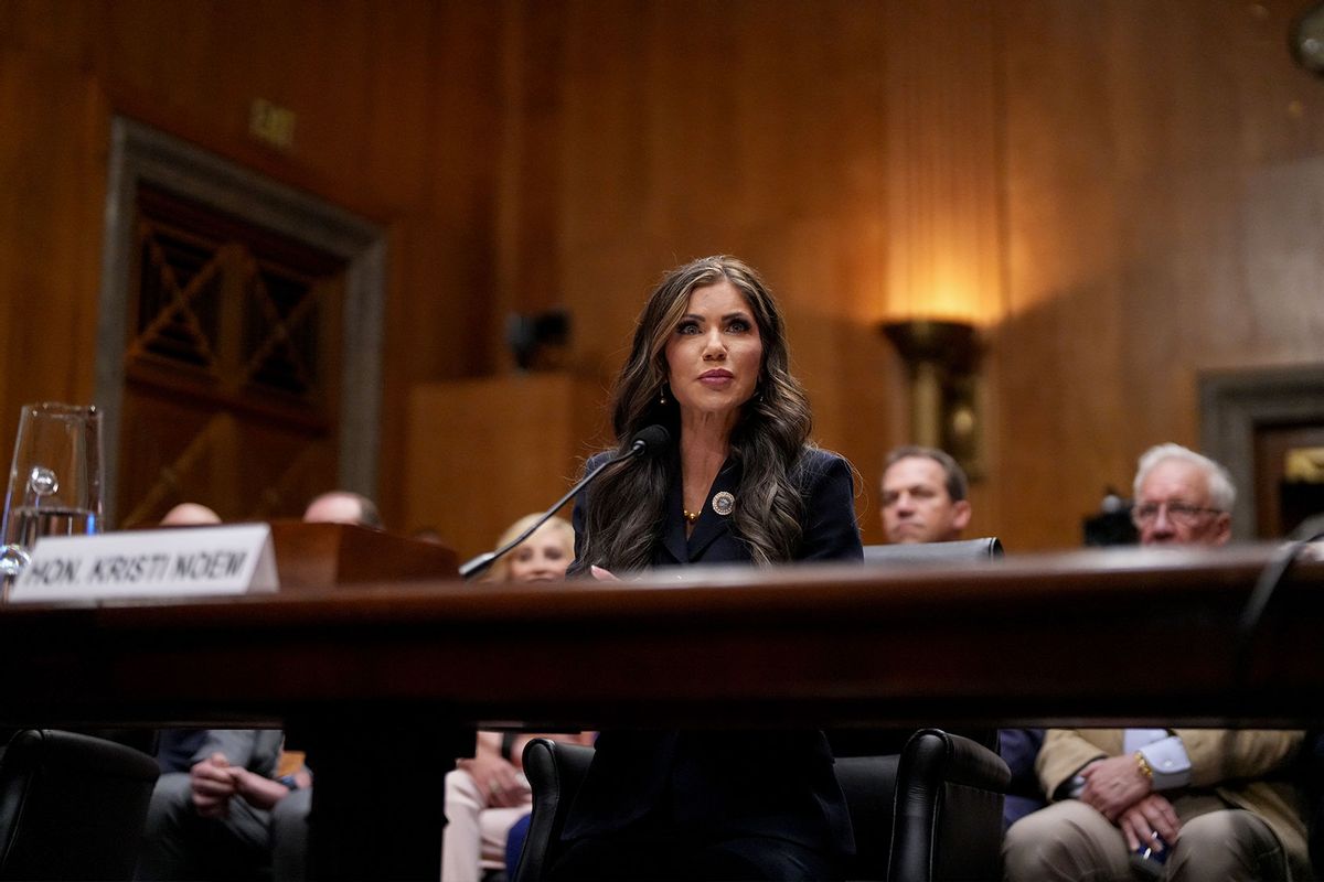 South Dakota Gov. Kristi Noem, President-elect Donald Trump’s nominee for Secretary of the Department of Homeland Security, speaks during her confirmation hearing before the Homeland Security and Governmental Affairs Committee on Capitol Hill on January 17, 2025 in Washington, DC. (Eric Thayer/Getty Images)