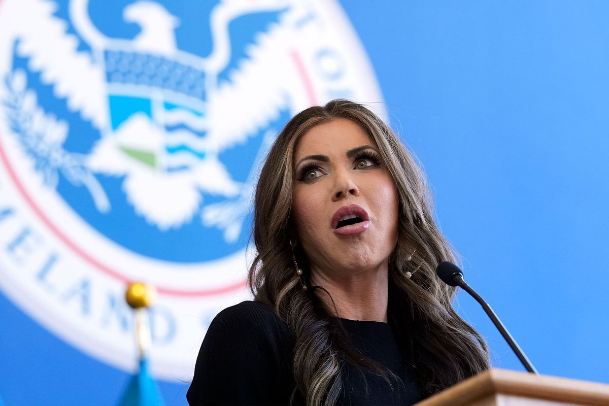 U.S. Homeland Security Secretary Kristi Noem delivers remarks to staff at the Department of Homeland Security headquarters on January 28, 2025 in Washington, DC. (Manuel Balce Ceneta-Pool/Getty Images)