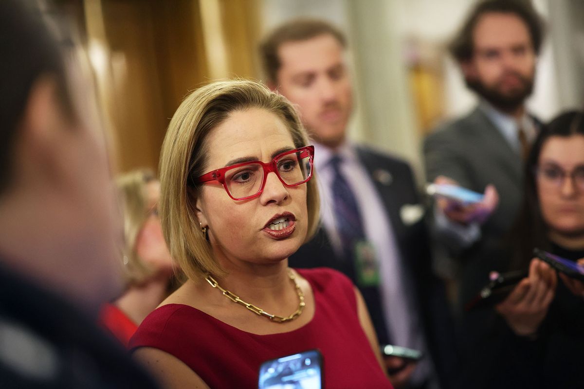 U.S. Sen. Kyrsten Sinema (I-AZ) speaks to reporters at the U.S. Capitol on February 05, 2024 in Washington, DC. (Kevin Dietsch/Getty Images)