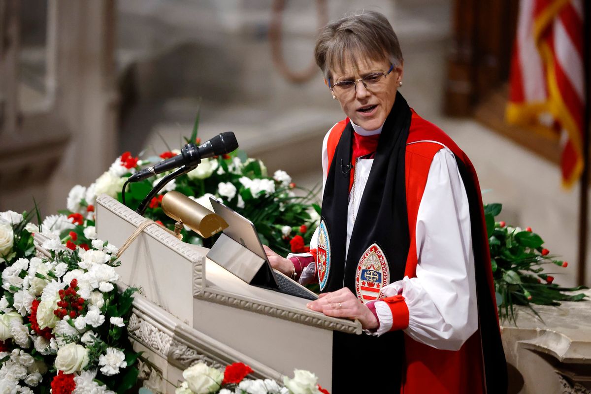 Bishop Mariann Edgar Budde delivers a sermon during the National Prayer Service at Washington National Cathedral on January 21, 2025 in Washington, DC. Tuesday marks Trump's first full day of his second term in the White House.  (Photo by Chip Somodevilla/Getty Images)