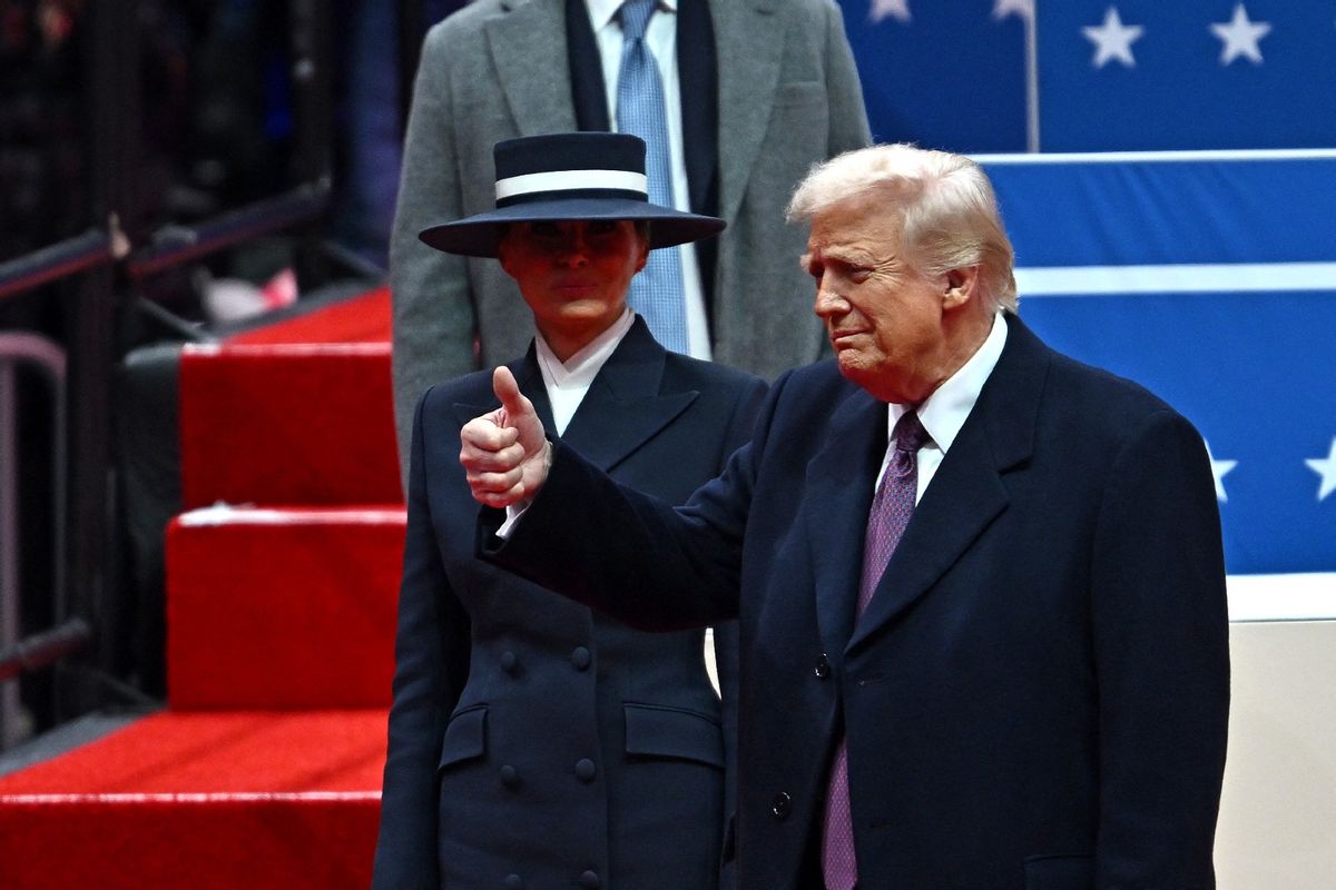 U.S. President Donald Trump and U.S. First Lady Melania Trump inside Capital One Arena, in Washington, DC, on January 20, 2025.  (ANGELA WEISS/AFP via Getty Images)