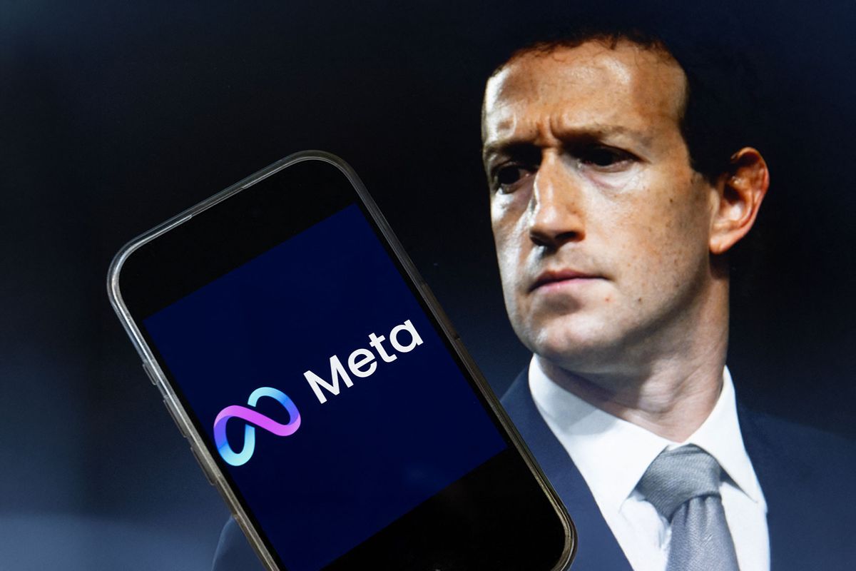 Mark Zuckerberg, CEO of Meta, and an image of the Meta logo. (DREW ANGERER/AFP via Getty Images)