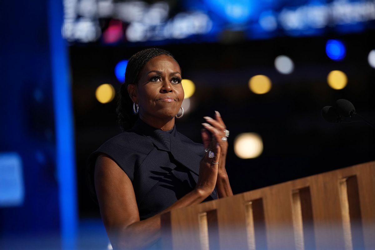 Former first lady Michelle Obama speaks on stage during the second day of the Democratic National Convention at the United Center on August 20, 2024 in Chicago, Illinois. (Andrew Harnik/Getty Images)