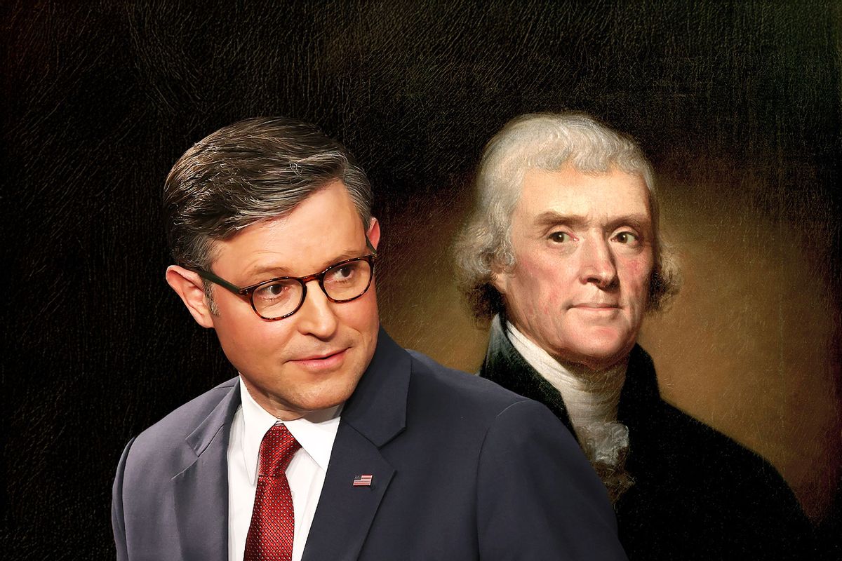 Thomas Jefferson side-eying Mike Johnson (Photo illustration by Salon/Getty Images)