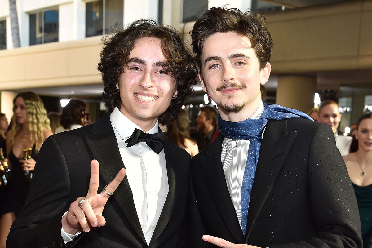 Miles Mitchell and Timothée Chalamet during the 82nd Annual Golden Globes held at The Beverly Hilton on January 05, 2025 in Beverly Hills, California. (Gregg Deguire/GG2025/Penske Media via Getty Images)