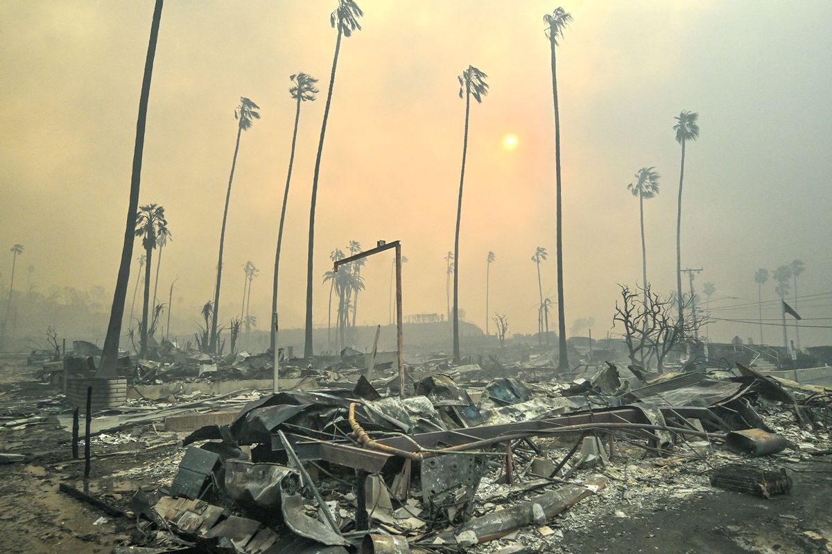A mobile home park is destroyed along Pacific Coast Highway during the Palisades Fire on Wednesday, January 8, 2025, in Pacific Palisades, CA. (Jeff Gritchen/MediaNews Group/Orange County Register via Getty Images)