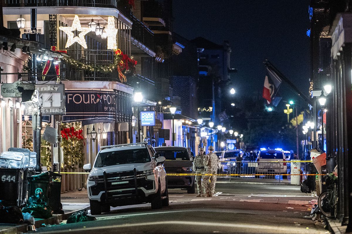 Members of the National Guard monitor a blocked off section of the French Quarter, after at least 14 people were killed during an attack early in the morning on January 1, 2025 in New Orleans, Louisiana. (ANDREW CABALLERO-REYNOLDS/AFP via Getty Images)